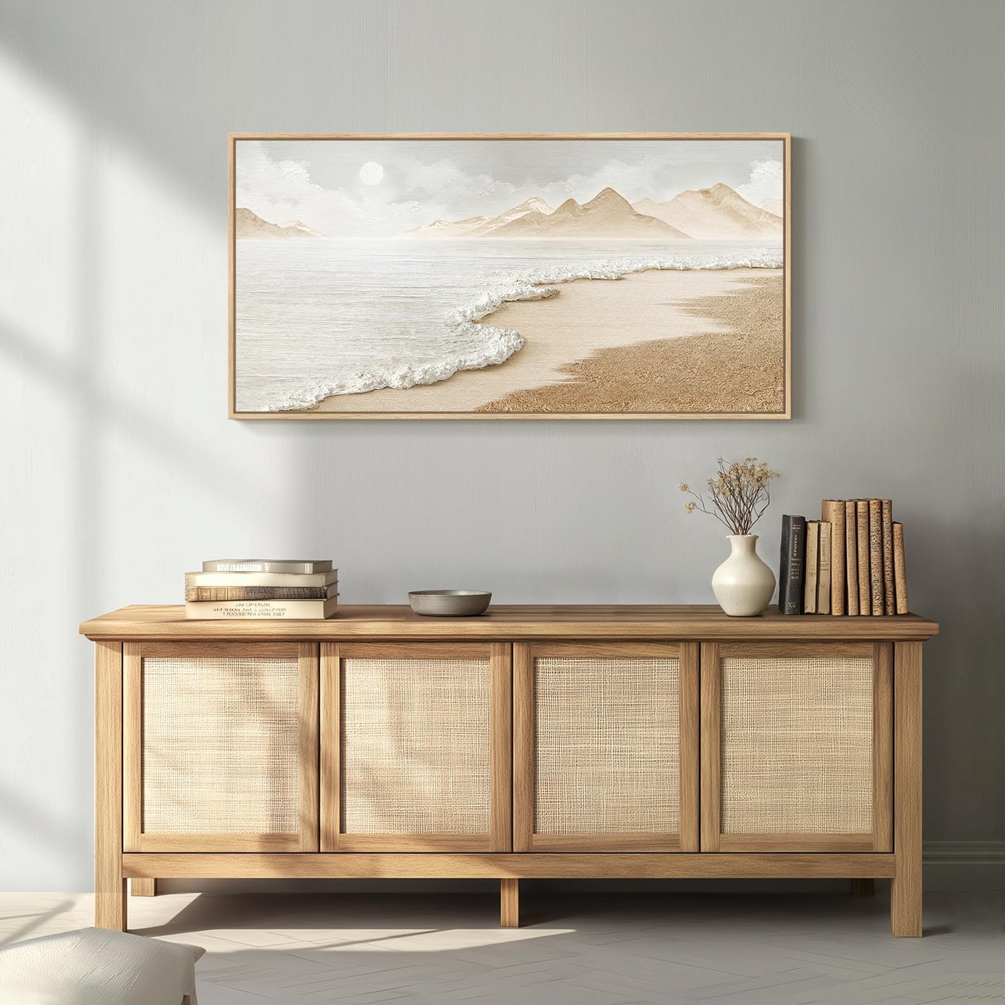 Framed Boho Coastal Beach Wall Art for Living Room, Extra Large Neutral Ocean Canvas Artworks for Walls, Horizontal Abstract Minimalist Coastal Art Print for Bedroom Kitchen Office Walls, 30x60 Inch