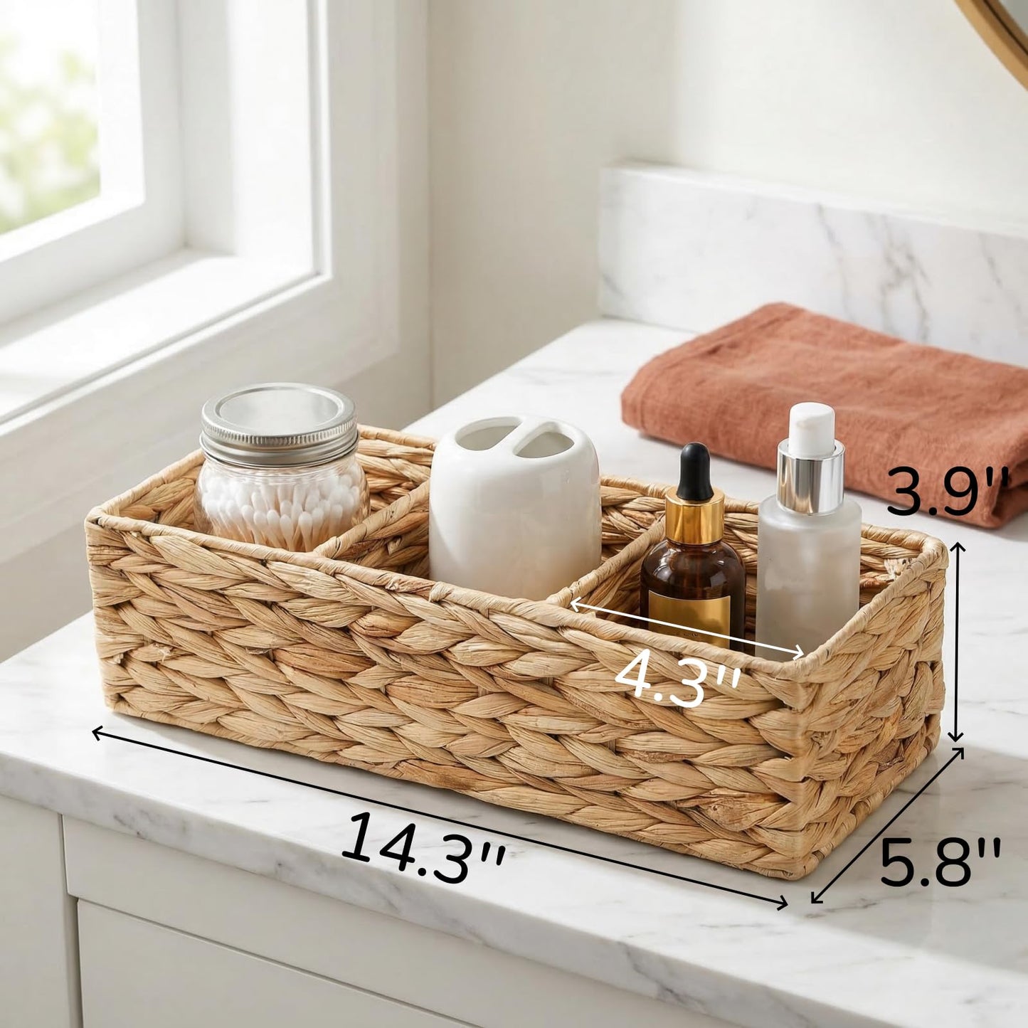 Pumtus 2 Pack 3-Section Woven Baskets, Water Hyacinth Storage Bin, Handwoven Desk Organizer, Toilet Paper Container, Rectangle Holder for Counter Top Toilet Tank Shelves Coffee Bar Pantry