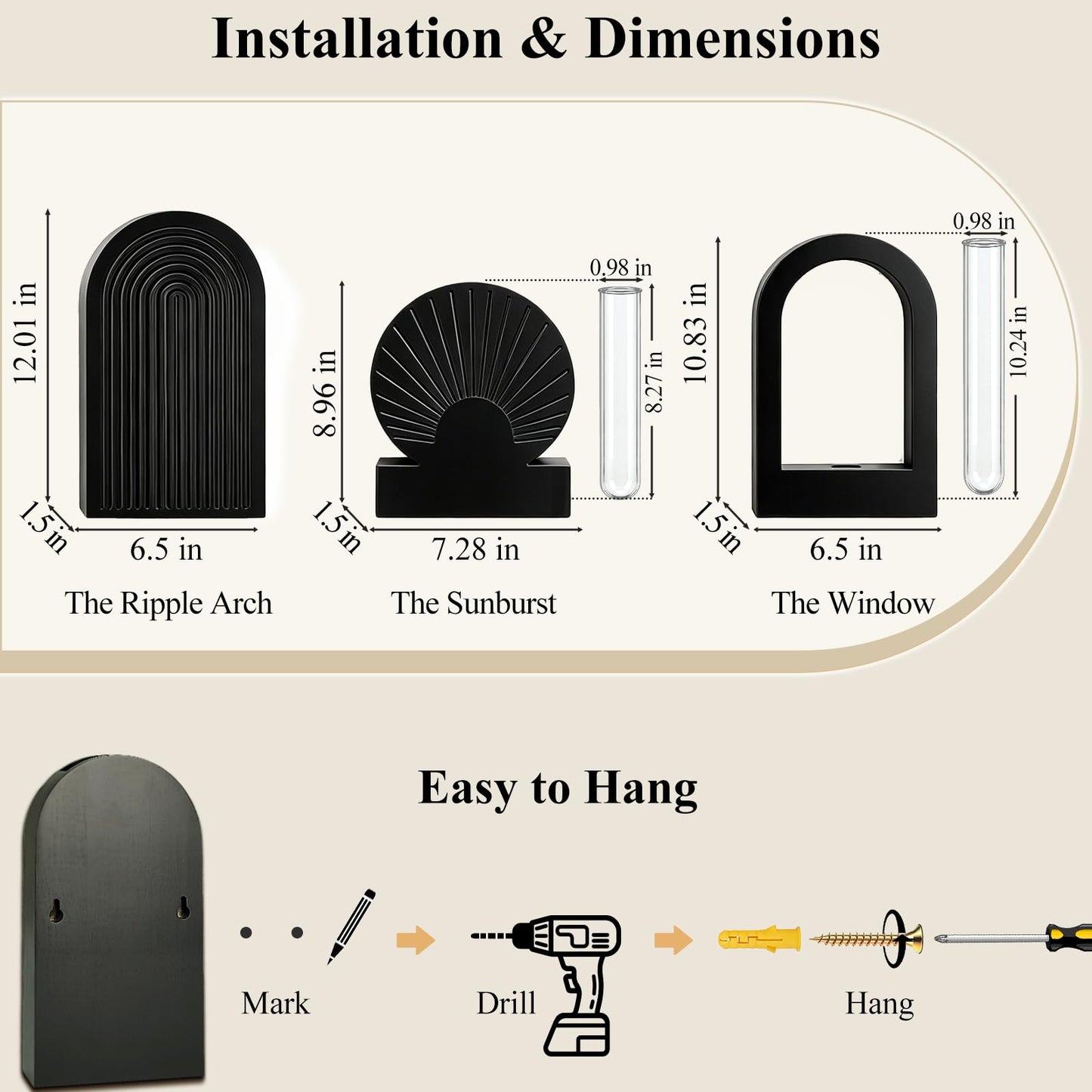 TBWIND Wooden Wall Vases Set of 3, Modern Farmhouse Arch Propagation Station with Glass Planter Tubes, Boho Fluted Hanging Decor for Entryway, Living Room & Narrow Spaces Black