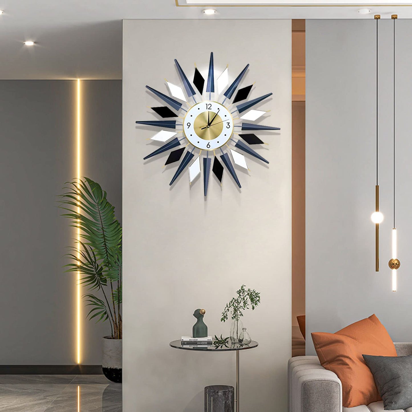 FMTAD Large Metal DecorativeSilent Non-Ticking Modern Big Wall Clocks for Living Room Dining Room Bedroom Decor, Dia 24 Inch Blue Black White