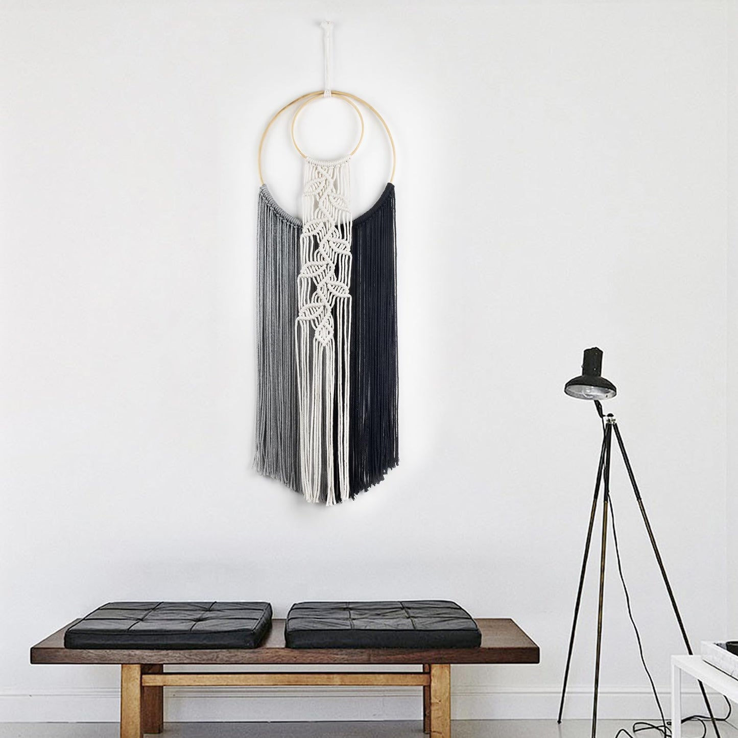 LB Boho Black White Grey Macrame Wall Hanging Hand Woven Leaf Pattern Tapestry Wall Art with Wood beads Modern Aesthetic Tassel Wall Decor for Home, Bedroom, Living Room