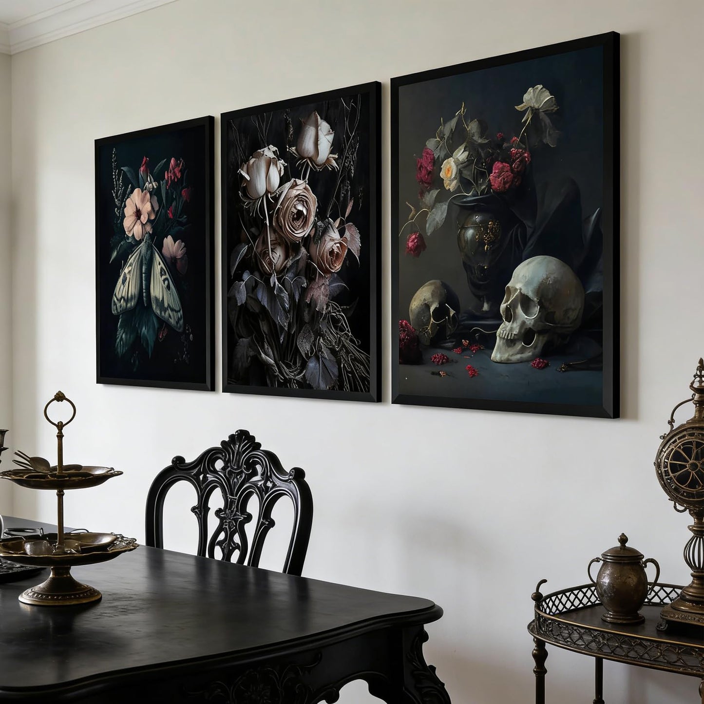 ASEKBWL 3Pcs Gothic Poster Wall Art Dark Academy Moth Rose skull Horror Painting Picture Wall Decor Creepy Moody Halloween Canvas Print Artwork for Bathroom Living Room Study Home Decoration Unframed