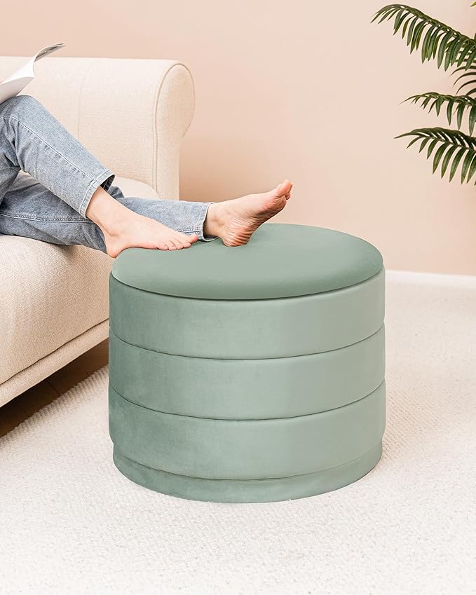 B FSOBEIIALEO Round Velvet Storage Ottoman with Tray, Folding Ottoman with Storage Coffee Table Foot Rest for Dorm Room, Living Room Sage, 22.83"x22.83"x17.32"