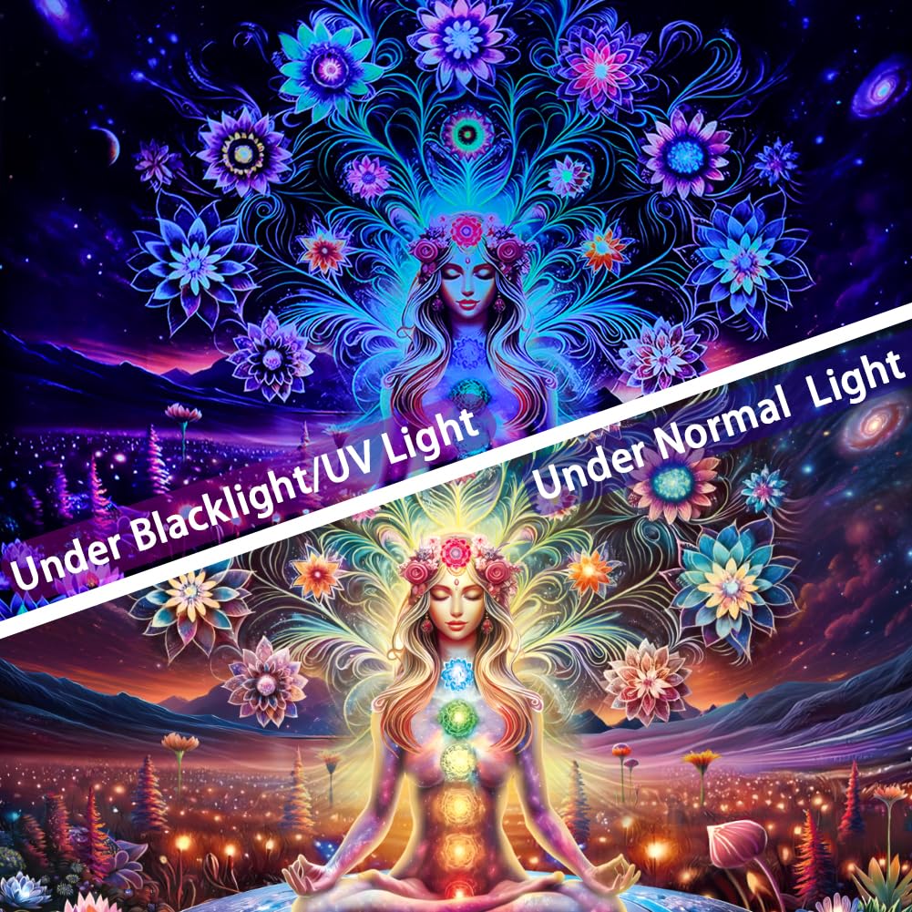 Dermijer Blacklight Seven Chakra Yoga Meditation Tapestry Flower Chakra Tapestries Galaxy Space Planet Tapestry UV Reactive Lotus Spiritual Tapestries Wall Hanging for Home Decor 59.1L x 51.2W