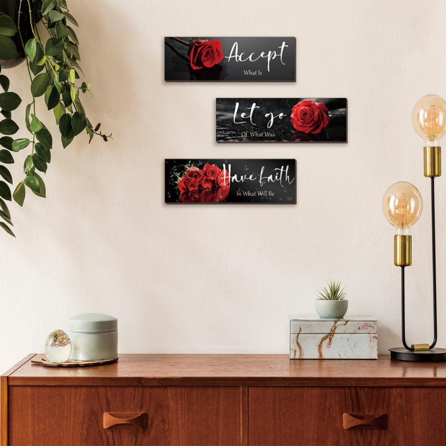 3 Pcs Red Decor Flower Inspirational Wooden Wall Art Red Roses Office Wall Decor with Accept Let Go Have Faith Positive Quotes for Girl Women Bathroom Living Room Bedroom(Red Rose12 x 4 Inch)