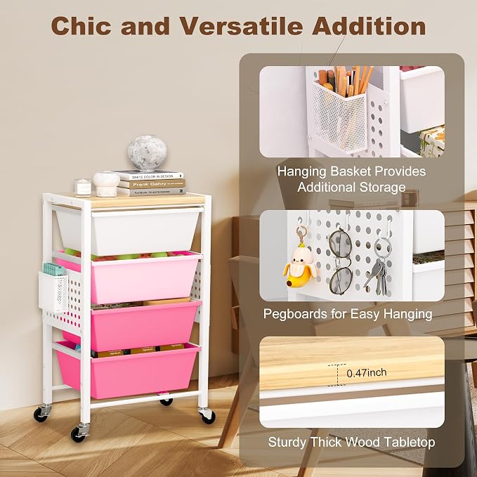 Rolling Cart with Drawers, Rolling Storage Cart with Large Plastic Drawers & Wooden Tabletop, Utility Cart with Pegboards & Basket, Storage Drawers Cart for Living Room, Classroom, Bedroom, Office