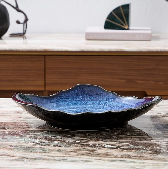 Large Ceramic Decorative Bowl – Blue Reactive Glaze Centerpiece Bowl, Modern Coffee Table Decor Dish, Entryway Catchall Key Bowl, Decorative Fruit Bowl for Dining Table Living Room (12” Dish)