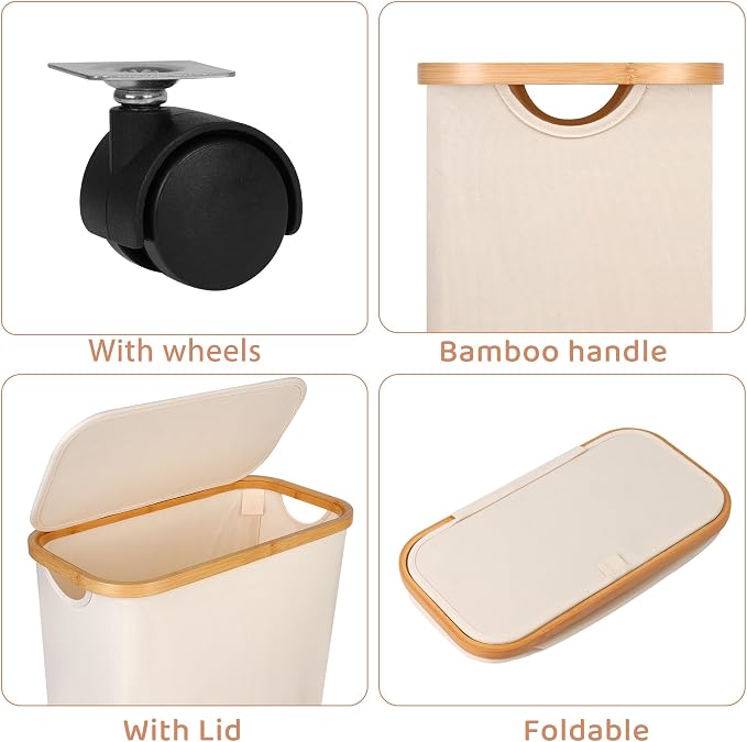 Slim Laundry Basket with Wheels,Narrow Hampers for Laundry,Freestanding Laundry Hamper with Lid&Bamboo Handles,Collapsible & Waterproof Tall Cloth Hamper for Dorm Family(60L Beige)