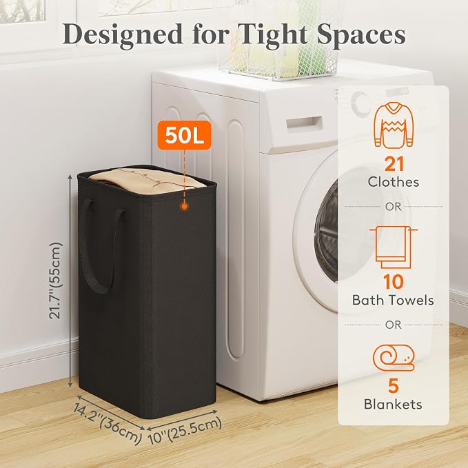 Lifewit Slim Laundry Hamper, Narrow Small Laundry Basket with Handle for Dirty Clothes, Collapsible Tall Thin Laundry Bin for Bathroom Bedroom Dorm College, 50L, Black