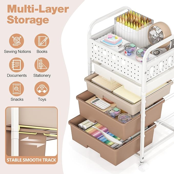 4 Drawer Rolling Storage Cart with Pegboard Top and Hooks, Mobile Organizer Cart with Wheels for Office Supplies, Craft Storage, Classroom Organization, Home Utility Cart, Brown