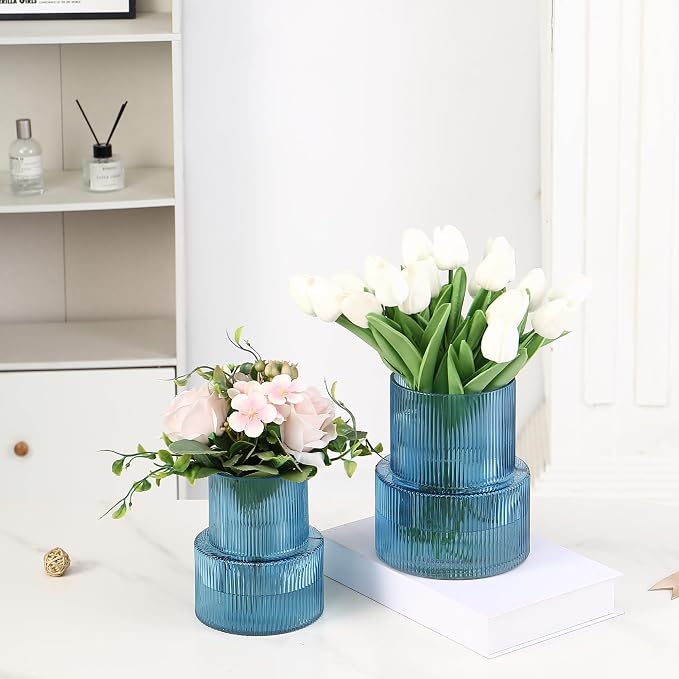 Ribbed Glass Vases for Bouquet, Set of 2 Blue Vases for Flowers, Blue Glass Vase for Tulips, Modern Vase for Living Room, Office, Coffe Table, Dining Table, Shelf, Wedding