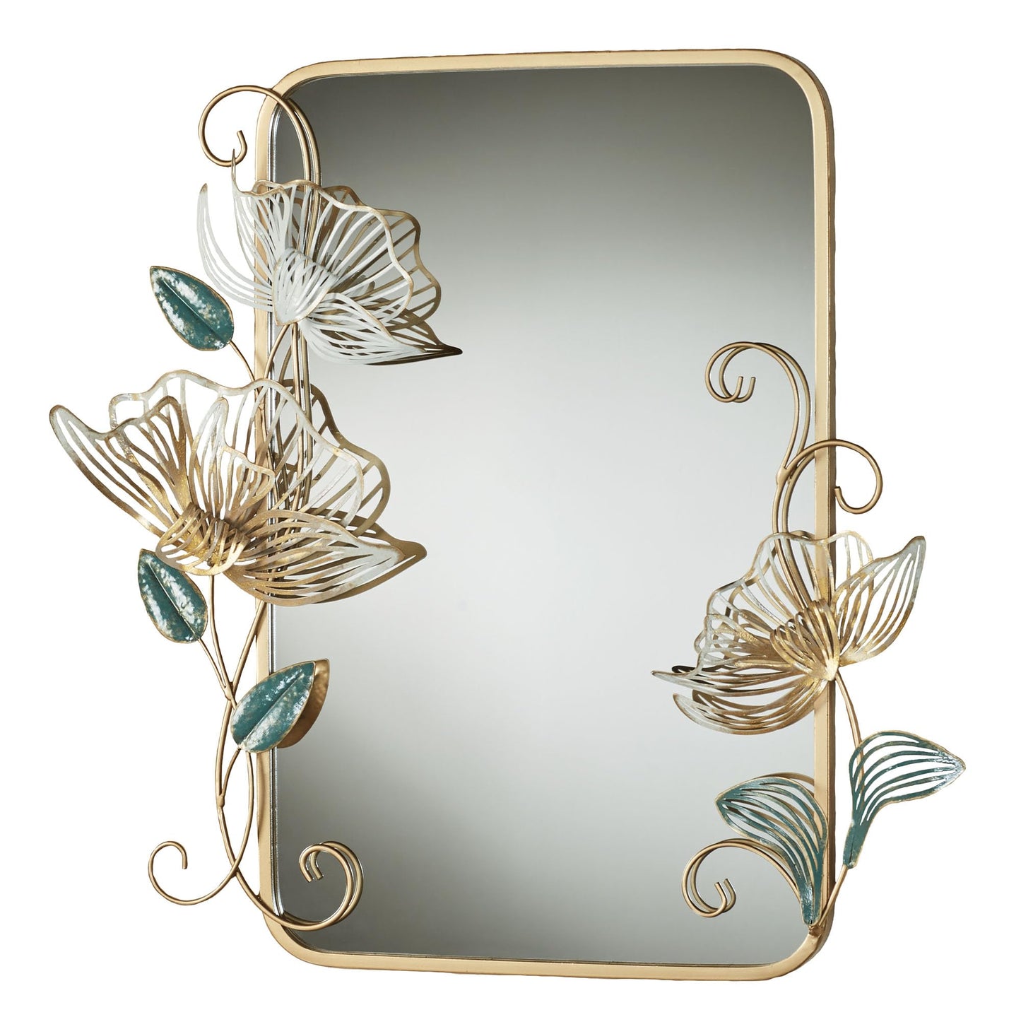Floral Whisper Wall Mirror | Hand-Finished Metallic Gold with Ivory, Green, and Glitter Details | Rounded Corner Rectangular Panel Wall-Mounted Mirror | Openwork, Layered Flower Blossoms and Leaves
