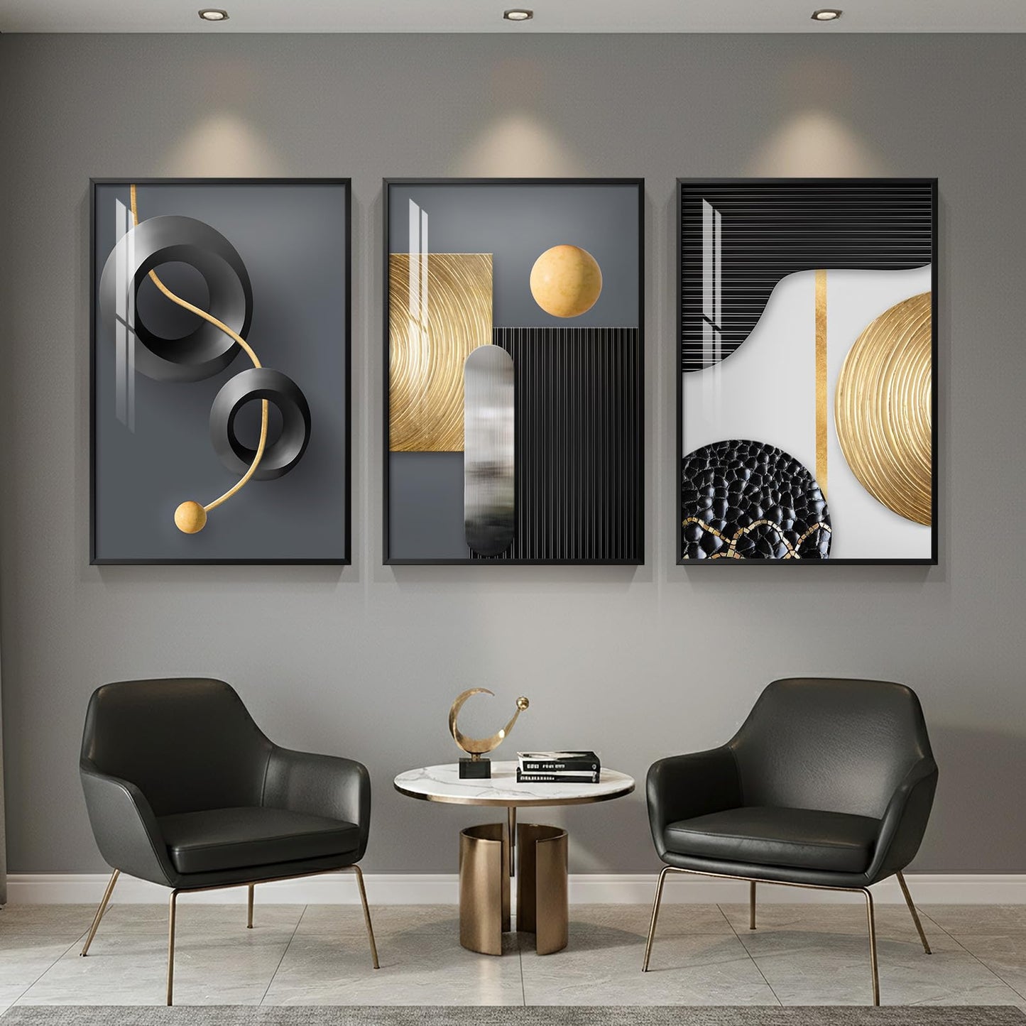Large Framed Modern Elegant Wall Art for Living Room, 3 Piece Contemporary Luxury Prints Paintings, Black and Gold Abstract Geometric Pictures for Bedroom Entryway Home Office Wall Decor 24x36 In