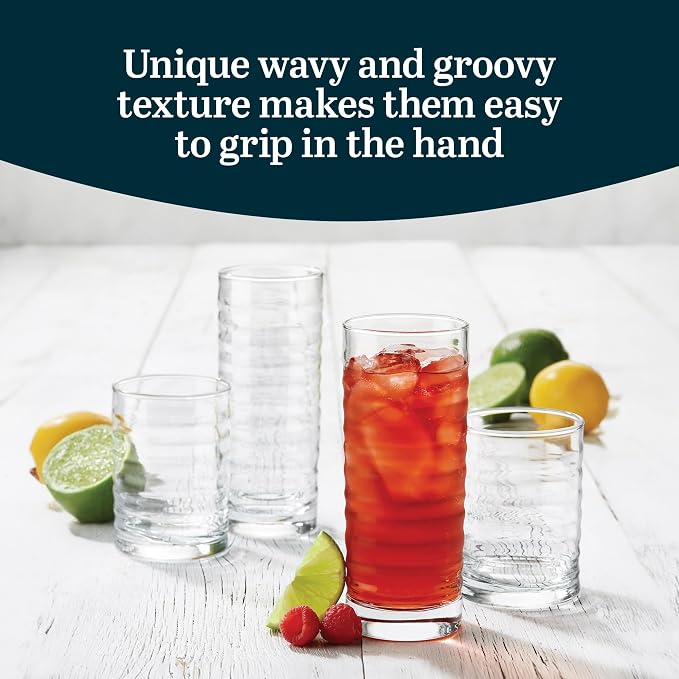 Libbey Pueblo Tumblers and Rocks Glass Cups Set, Wavy and Groovy Drinking Glasses Set of 16, Dishwasher Safe Modern Glassware for Everyday Use