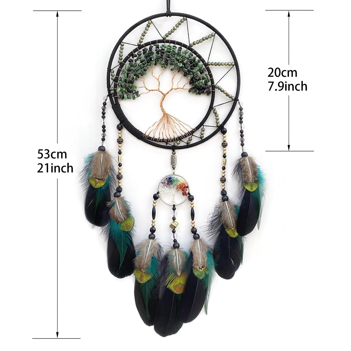 RAGKUU Black Large Dream Catcher Wall Decor Crystal Tree of Life Dream Catchers Handmade Feather Dreamcatcher Wall Hanging Ornament for Bedroom Living Room Home Decor
