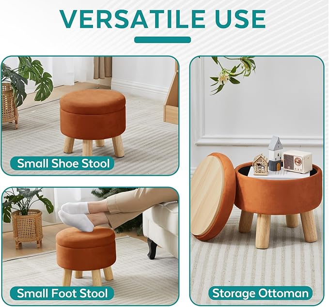 Small Foot Stool Ottoman with Storage, Velvet Ottoman Foot Rest for Couch, Round Footstool with Storage, Small Ottomans and Footstools for Living Room and Entryway (Orange)