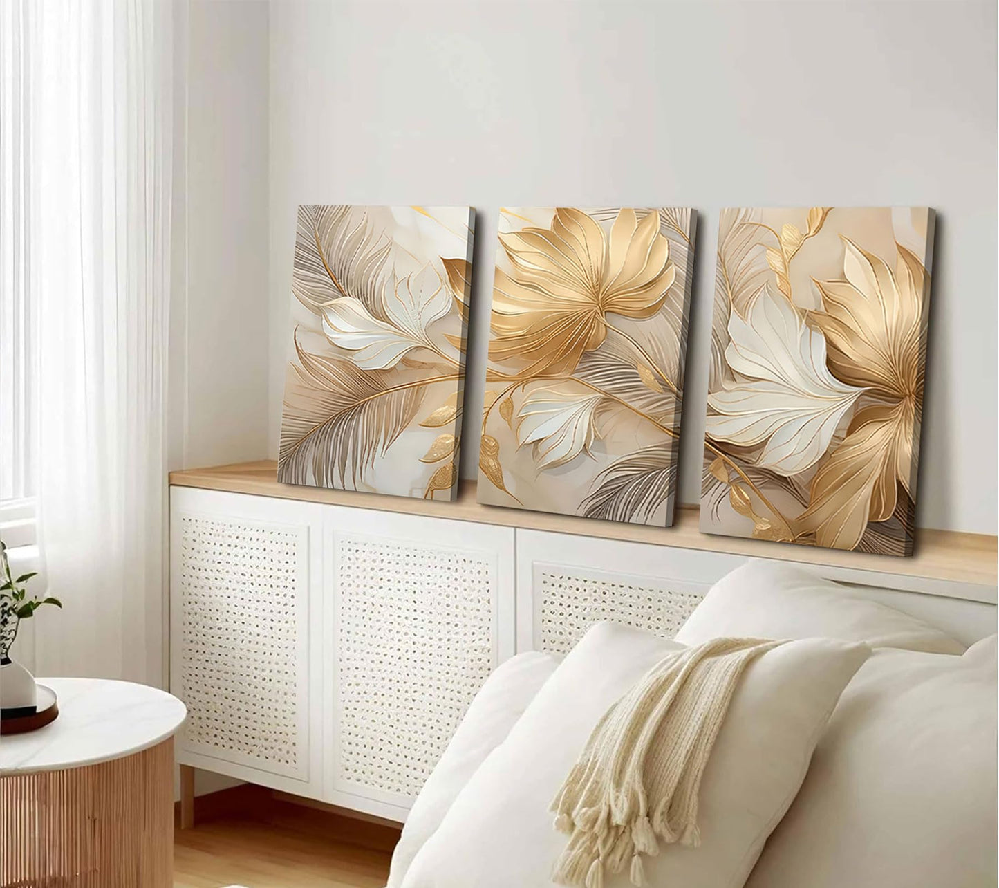 Modern Abstract Gold Botanical Canvas Wall Art Fashion Plants Wall Decor Pictures Leaf Light Luxury Poster Prints Flowers Painting Artwork for Living room Office Decoration 12x16in Frame