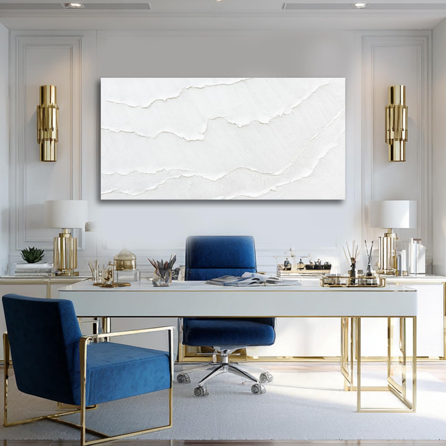 WINKAILIN White Abstract Textured Wall Art Modern 24x48 inch Canvas Ocean Wave Artwork Minimalist Hand-drawn Painting Contemporary White Posters Print for Living Room Bedroom Office Décor