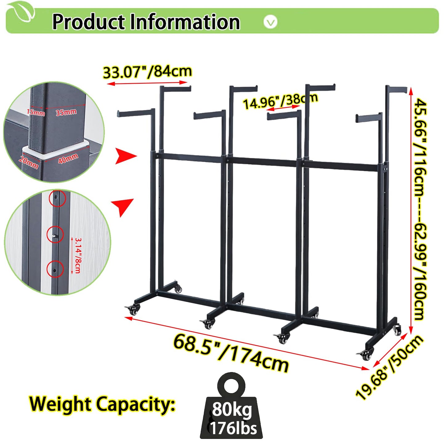 FKKPRVAX Floor Standing Metal Garment Rack - Heavy Retail Display Racks With Wheels, 8 Arms Clothing Rack, Square Tubing Portable Shirt Racks, Merchandise Display For Hanging Clothes (L-Black)
