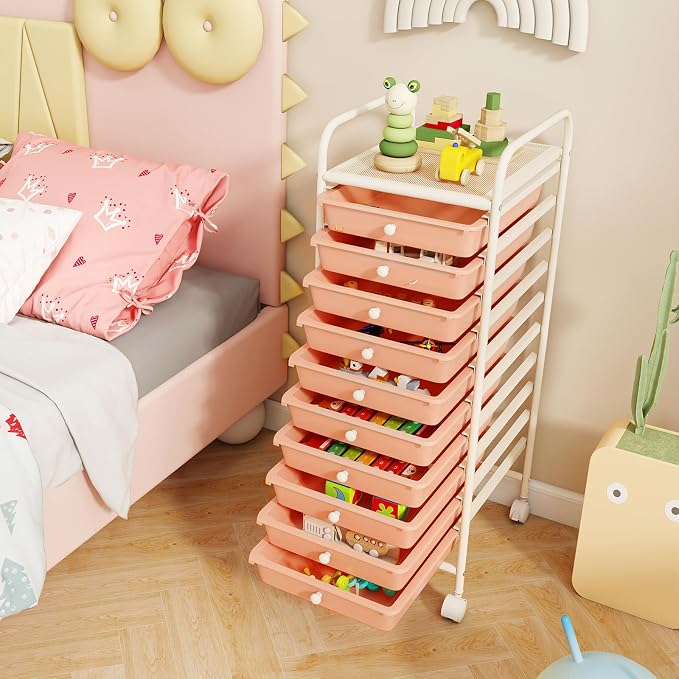 COSTWAY 10-Drawer Rolling Storage Cart, Utility Mobile Trolley with Removable Drawers & Universal Casters & 2 Brakes, Versatile Flexible Drawer Organizer Cart for Home, Office, Peach
