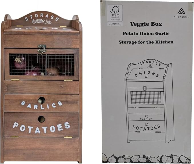 ARTAWEIN Pine Wood Veggie Bin for Potato, Onion and 1 Garlic Drawer Vegetable Box for Kitchen Storage, Solid Wood Vegetable Bin 13.77" L X 7.1" W X 29.3" H (Rustic Walnut)