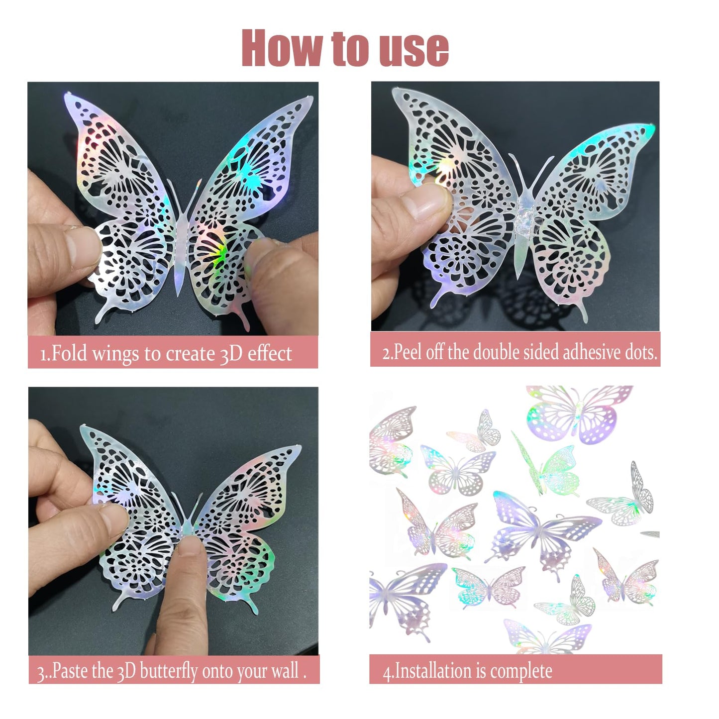 JOSDIOX 3D Laser Sivery Butterfly Wall Stickers - 48 Pcs with 4 Styles & 3 Sizes, Removable Decor for Party Birthday Wedding Cake Balloon Decoration (48 Laser Sivery)