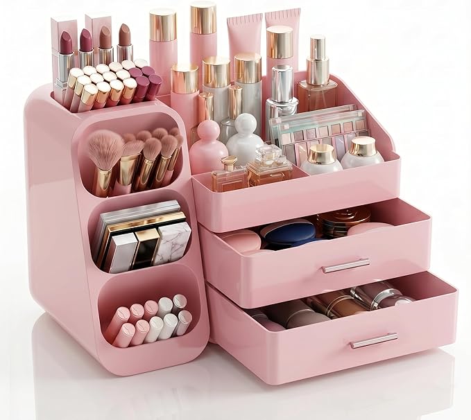 Makeup Organizer with Drawers,Large Capacity Countertop Organizer for Vanity,Bathroom and Bedroom Desk Cosmetics Organizers,Easy To Storage Skincare,Brushes,Lotions (All Pink)