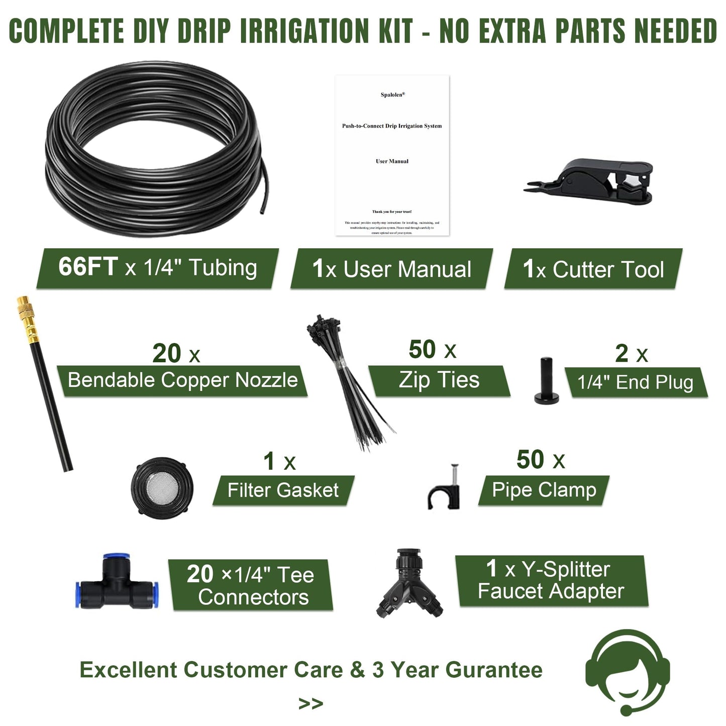 66FT Drip Irrigation System Kit Dual-Zone Garden Atomizing Watering System with 20 Copper 360° Adjustable Bendable Nozzles, Y-Splitter, Leak-Proof 1/4" Misting System for Garden Greenhouse Raised Beds