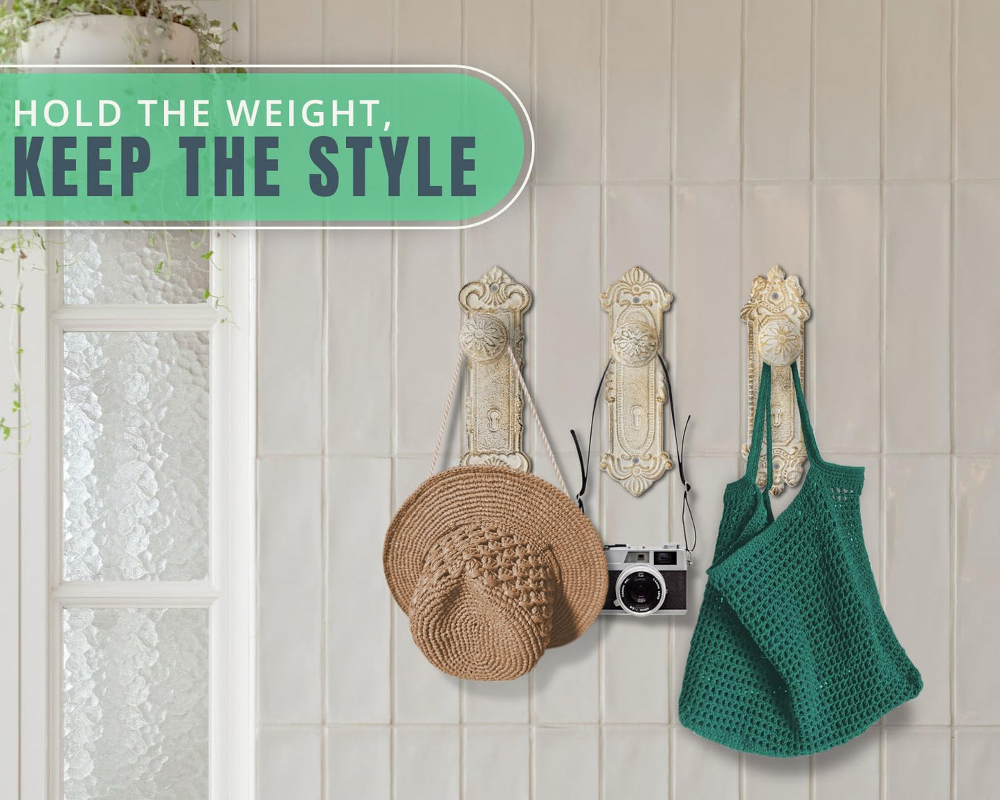 Comfify Shabby Chic Cast Iron Decorative Wall Mounted Hooks - Rustic White - Door Knob Coat Hooks - Set of 3 - Screws and Anchors Included - Antique Wall Hooks for Hanging Clothes