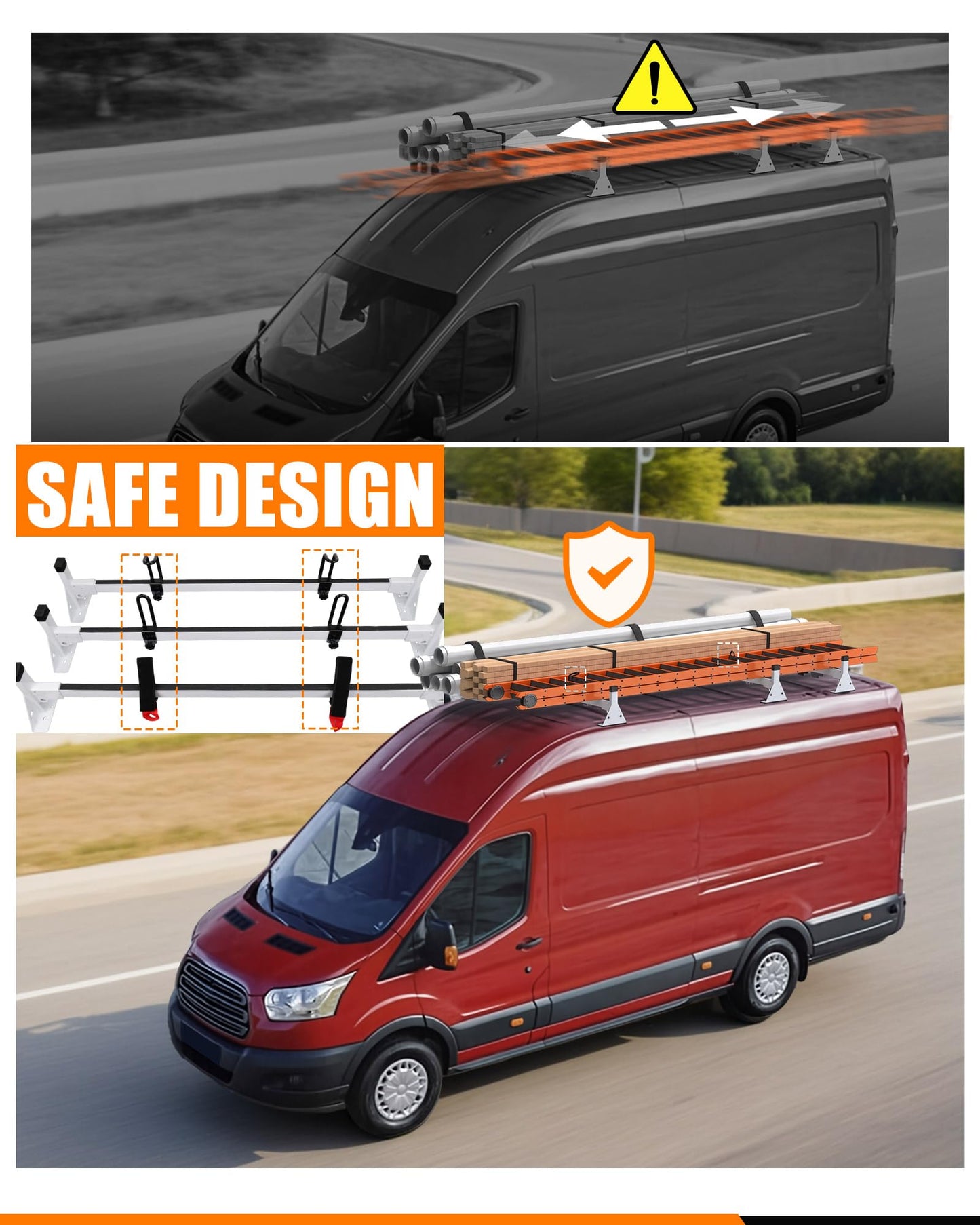 MELIPRON Cargo Van Roof Ladder Rack Fit for 2015-2026 Ford Transit 150 250 350, Low/Medium/High Roof, Heavy‑Duty 800  lbs Capacity Steel Ladder Rack for Van, No‑Drill Rack with White Powder Coat