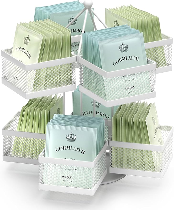 Tea Bag Organizer, Tea Bag Storage Holder Spinning Carousel 96 Teabags Container, Lazy Susan Coffee Creamer Sweetener Tea Caddy for Kitchen Counter Cabinet Pantry Shelf Organizer