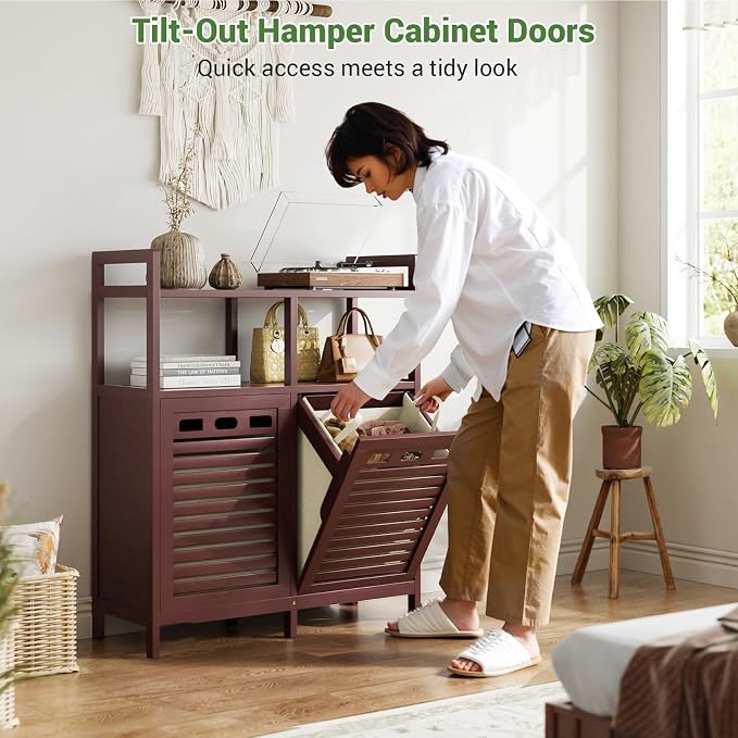 Homykic Tilt Out Laundry Hamper Cabinet, Bamboo Double Laundry Hamper with 2 Removable Laundry Baskets, 20 Gal Laundry Sorter Organizer with Shelf for Dirty Clothes, Bathroom, Laundry Room, Espresso