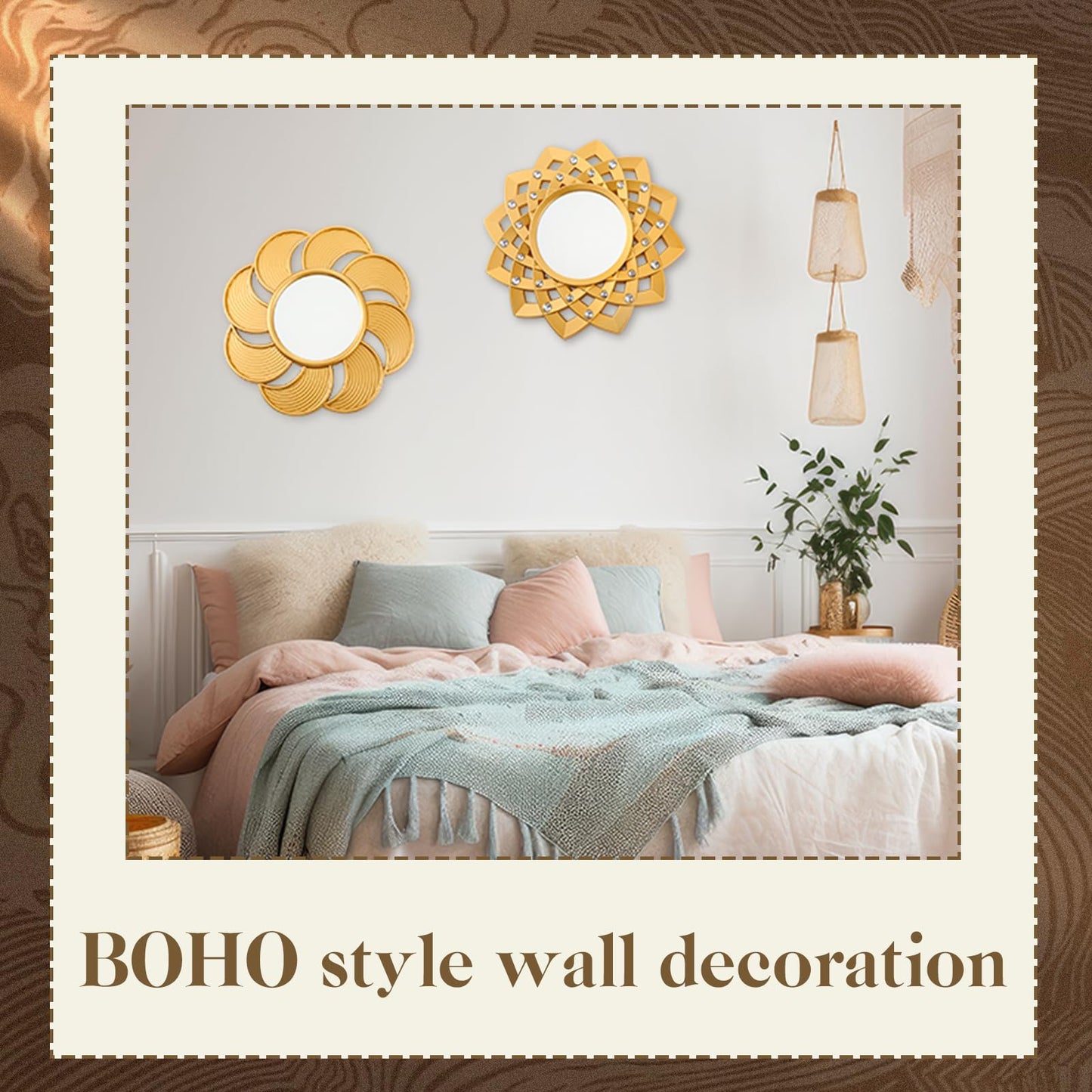 Barydat 10 Pcs Boho Gold Sun Mirrors for Wall Decor 10 Inches Plastic Decorative Wall Mirrors for Entryway Home Living Room (Modern)