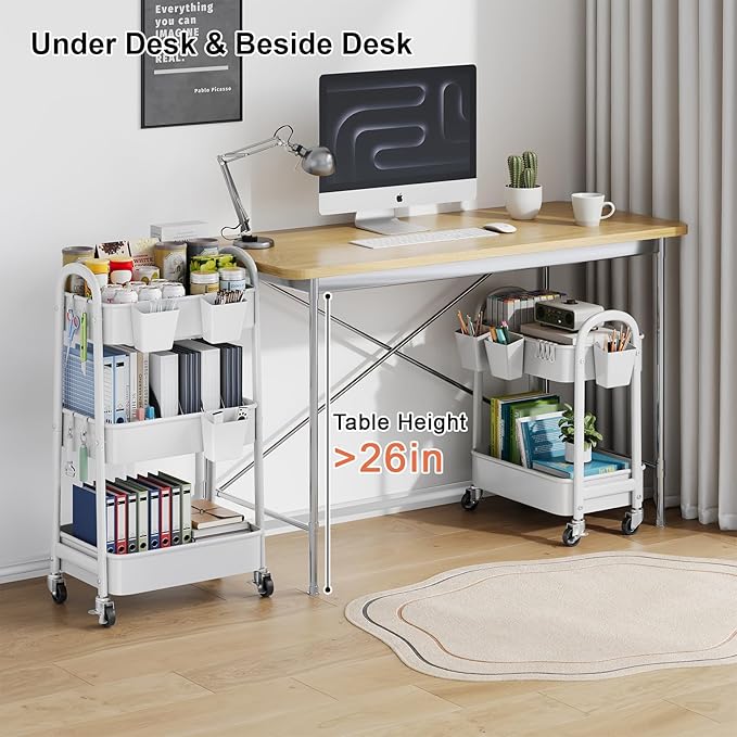 2 Tier Rolling Cart Metal with Wheels, White Under Desk Storage Roller Caddy on Wheels, Two Tiered Short Shelf Trolley, Small Utility Organizer Carts for Dorm, Bathroom, Craft, Art, Baby, Pantry,Snack
