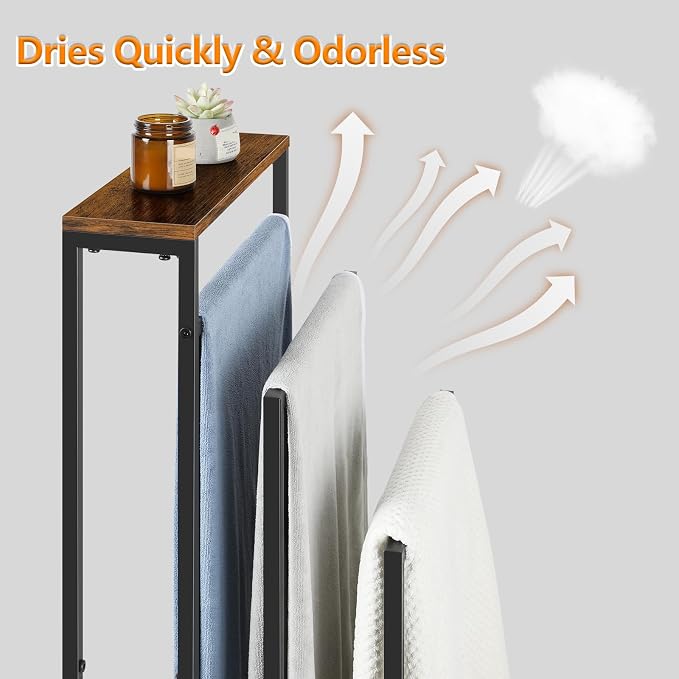 Bathroom Standing Towel Rack 3 Tier Metal Small Towel Holder Stand Farmhouse Blanket Ladder Holder with Storage Shelf for Bedroom Living Room, Black & Brown