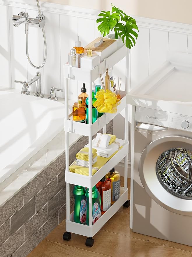 LEHOM 5.1" Slim Storage Cart - 4 Tiers Bathroom Organizer Mobile Shelving Unit Storage Rolling Utility Cart Slide Out Organizer for Kitchen Bathroom Laundry Narrow Places, White