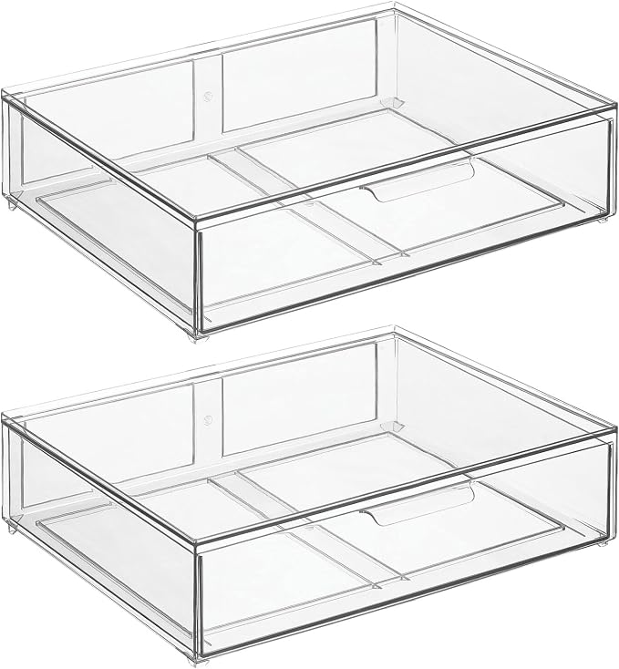 mDesign Wide Plastic Stackable Bathroom Storage Organizer Bin with Pull Out Drawer for Cabinet, Vanity, Shelf, Cupboard, Cabinet, Countertop, Closet Organization - Lumiere Collection - 2 Pack - Clear