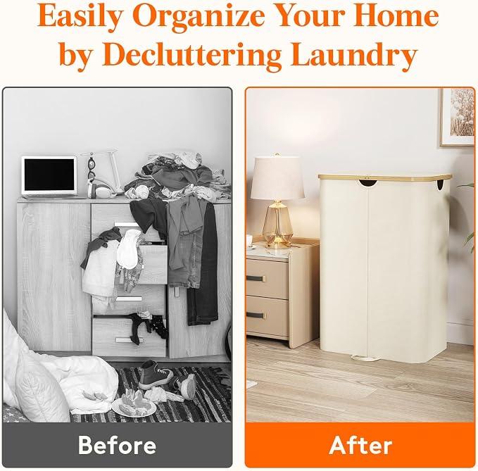 Lifewit 170L Double Laundry Hamper with Lid, Large Laundry Basket with Removable Bag & Bamboo Handles, Fodable Tall Dirty Clothes Hamper for Laundry Collapsible Bin for Bathroom Bedroom Dorm, Beige