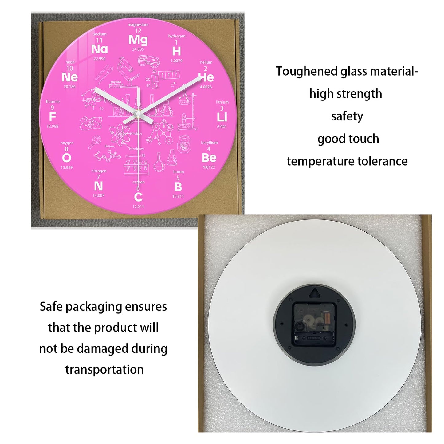 XNM Pink Chemical Clock for Girls Bedroom Wall Clocks Battery Operated Round Glass Analog Science 12 Inch Silent Wall Clock