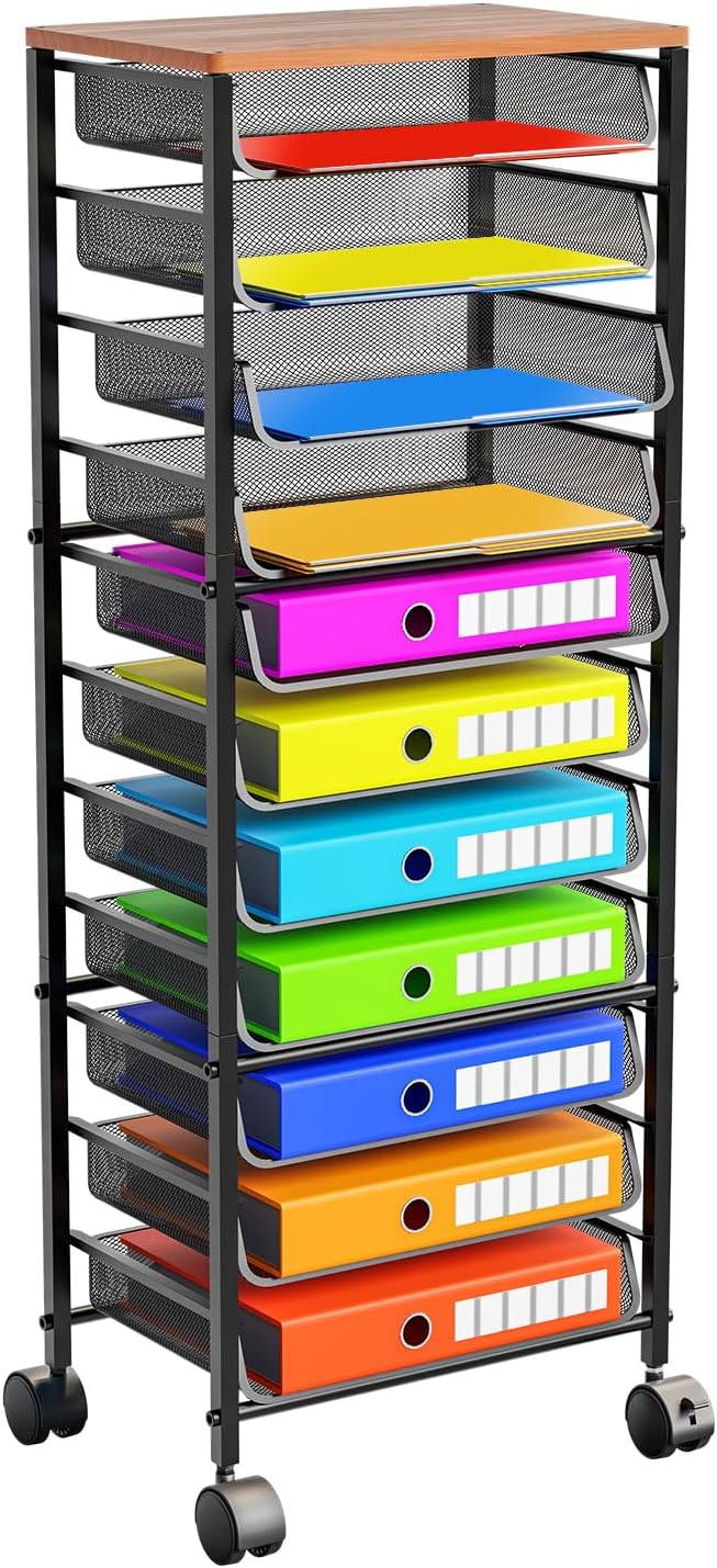 Simple Trending 12-Tier Rolling File Cart, Desk File Organizer with 11 Mesh Sliding Trays, Letter & Legal Paper Storage Rolling Utility Cart for Office Home School, Black