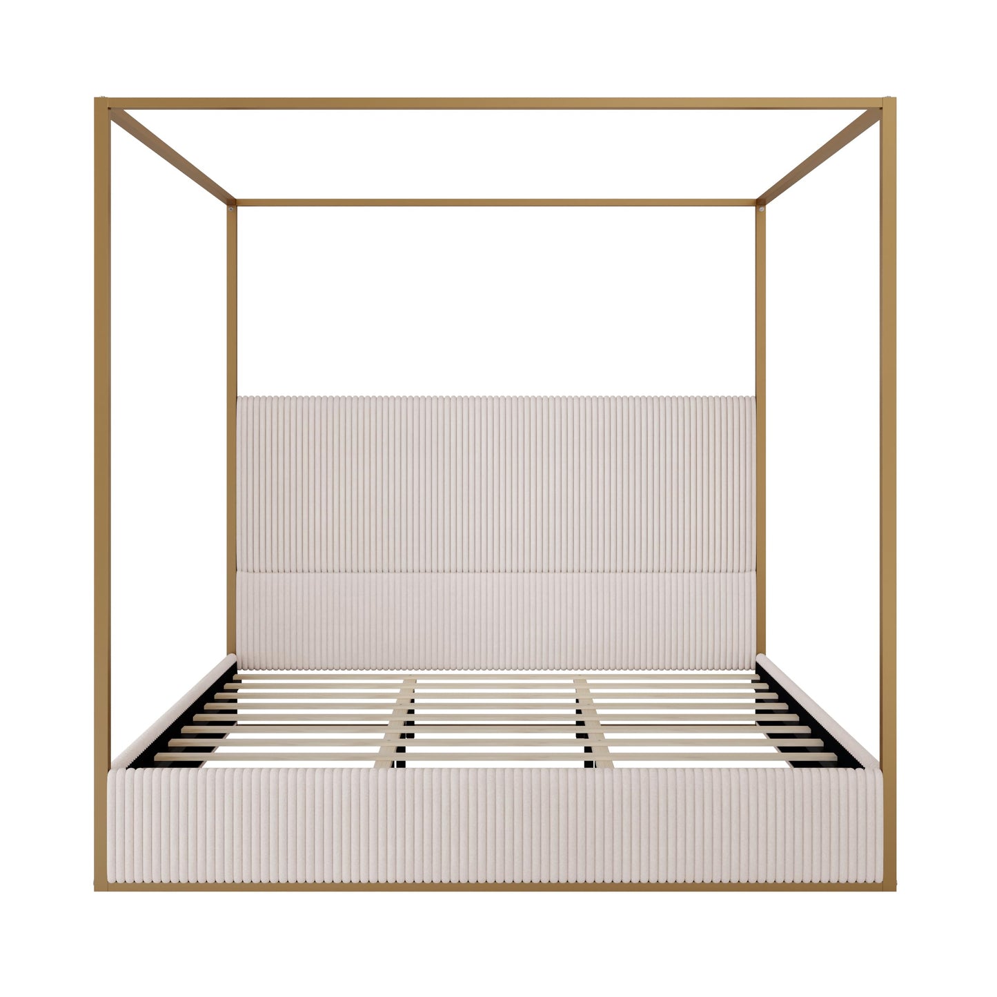 Merax Modern Luxury King Metal Canopy Bed with Tall Upholstered Headboard, Gold Four Poster Bed, No Box Spring Needed, Beige