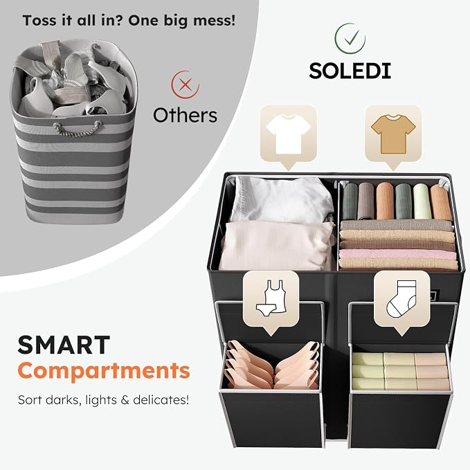 SOLEDI Double Laundry Hamper with Lid, 47.8 Gal (180L) Large Laundr Basket 2 Section with 2 Side Pockets, Dirty Clothes Hamper with Removable Bag, Easy to Carry for Laundry Room, Bedroom, Black