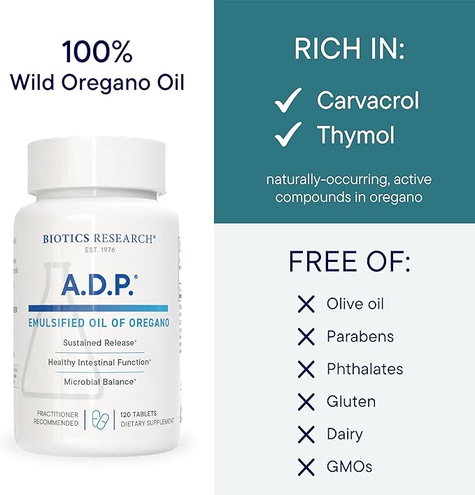 Biotics Research A.D.P. Emulsified Oil of Oregano Tablets for GI Health -Sustained Release for High Absorption Contains Carvacrol, Wild Oregano Oil 50mg/S - Patented Formula -Non GMO ??20 Tablets