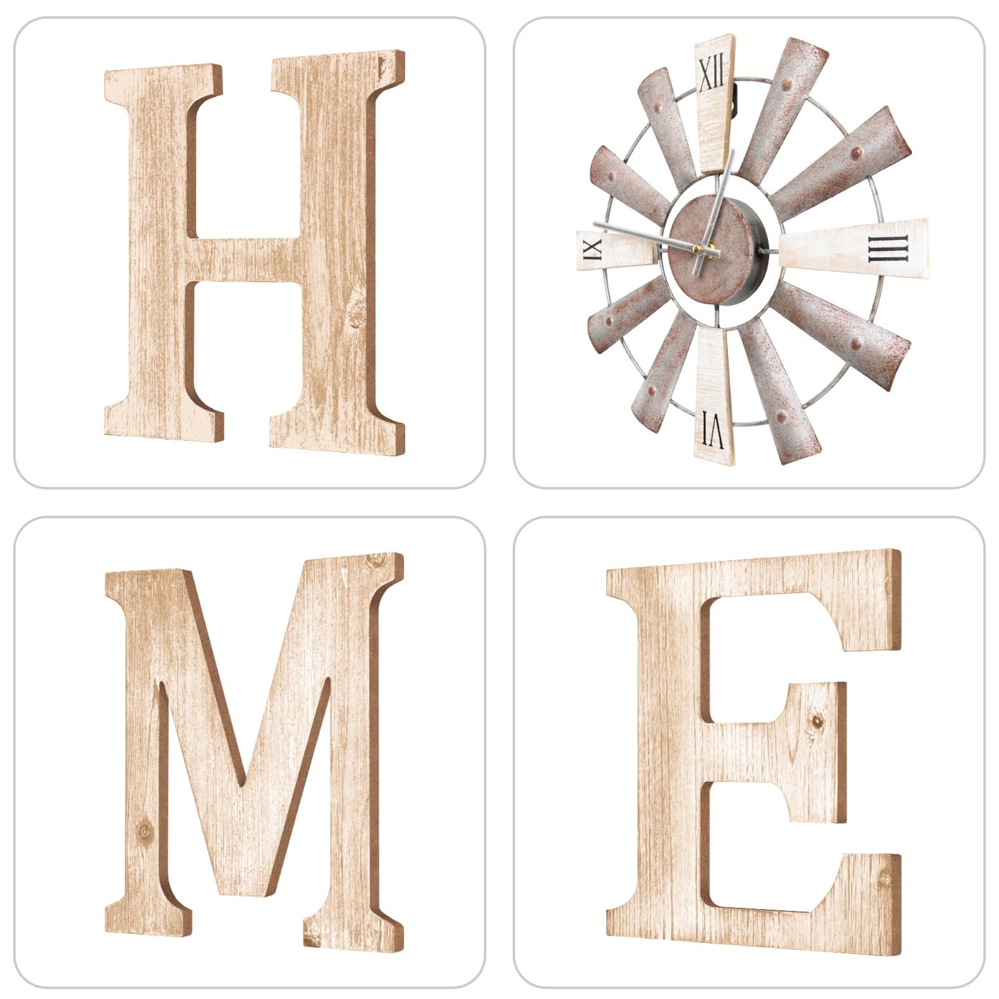 ZAZIWZ Farmhouse Home Signs with Windmill Clock Wall Decor Rustic Home Letters Wall Art for Living Room Kitchen Entryway Dining Room Bedroom (water-white)