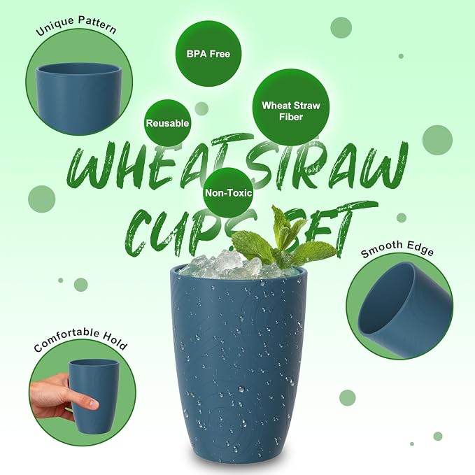 Wheat Straw Drinking Cups Set of 6, 16 OZ Unbreakable & Lightweight Plastic Cups Reusable, Dishwasher Safe Tumblers for Camping, Kitchen, RV, Party， Dark Blue