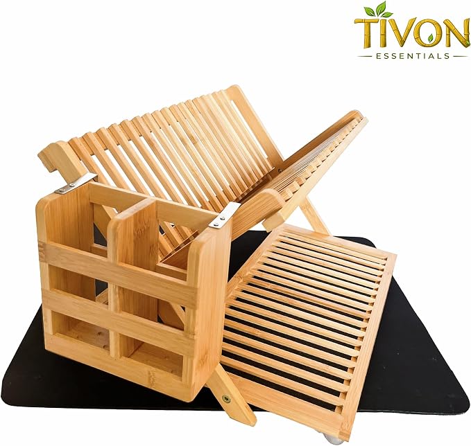 Bamboo Dish Drying Rack with Utensil Holder & Absorbent Dish Drying Mat|3Tier Collapsible Wooden Dish Rack for Kitchen Countertop|Large Foldable Dish Drainer|Kitchen Organizer for Plates Cups utensils