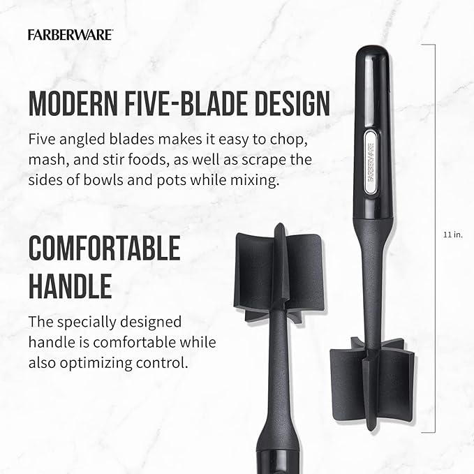 Farberware Meat Masher and Chopper Tool with 5 Beveled Blades - Ground Beef Chopper, Potato Masher, Batter Stirrer - Heat Resistant to 450 F, Dishwasher Safe