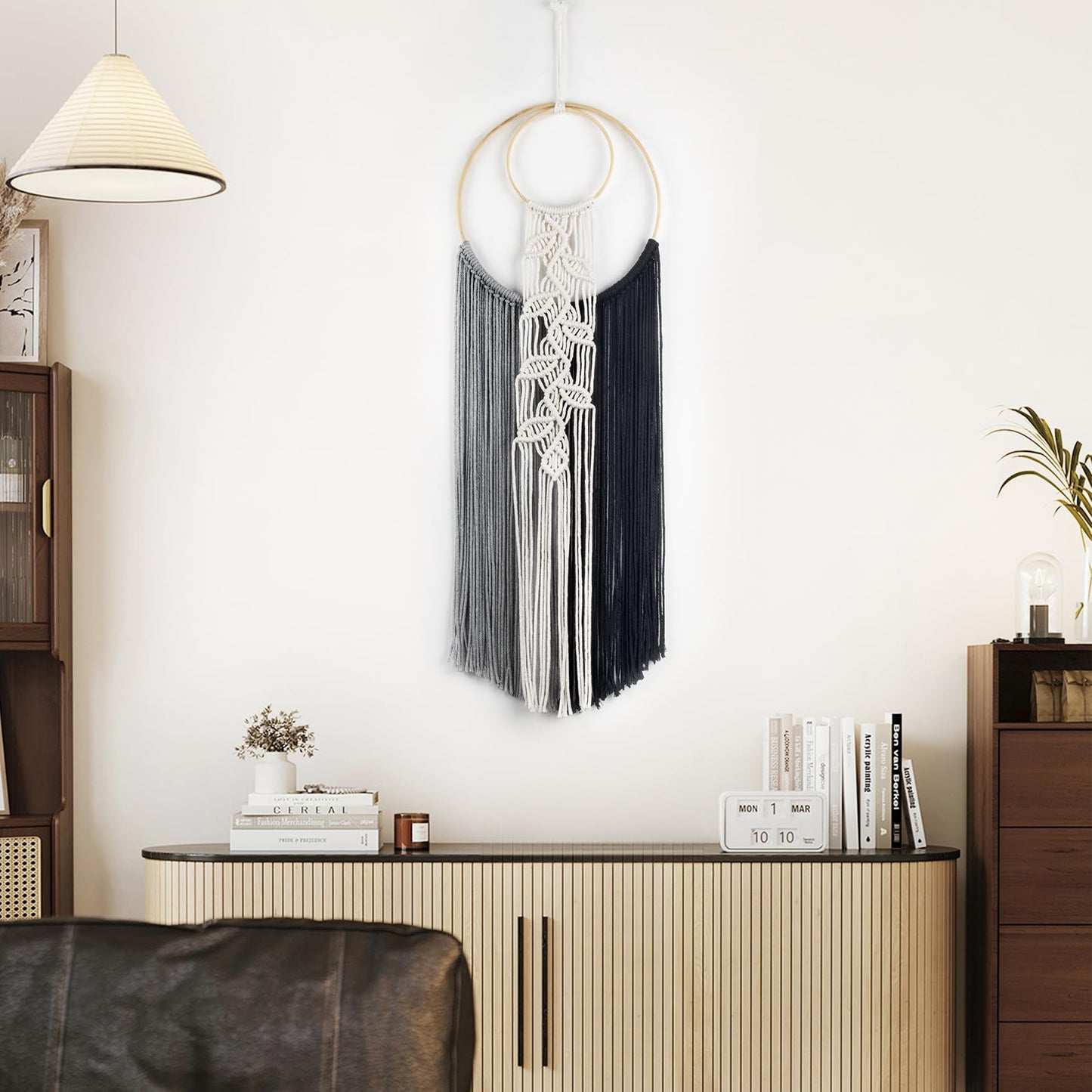 LB Boho Black White Grey Macrame Wall Hanging Hand Woven Leaf Pattern Tapestry Wall Art with Wood beads Modern Aesthetic Tassel Wall Decor for Home, Bedroom, Living Room