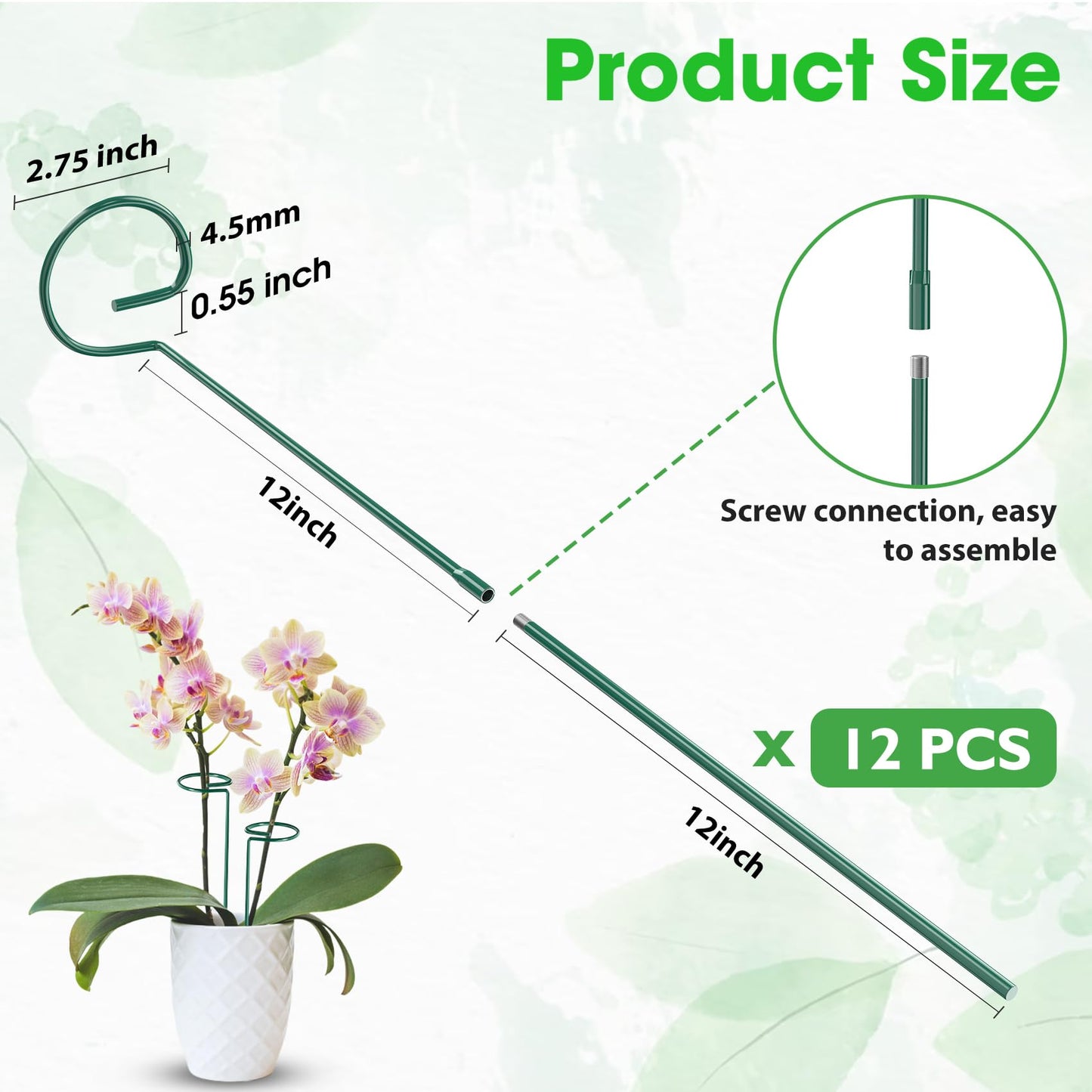 Unves 24 Inch Plant Stakes Tall, 12 Pack Garden Plant Support Stakes,Two Sizes(12" or 24") Single Stem Plant Cage for Outdoor Indoor Plants Orchid, Tomatoes, Peony, Lily, with 100 Pcs Twist Ties