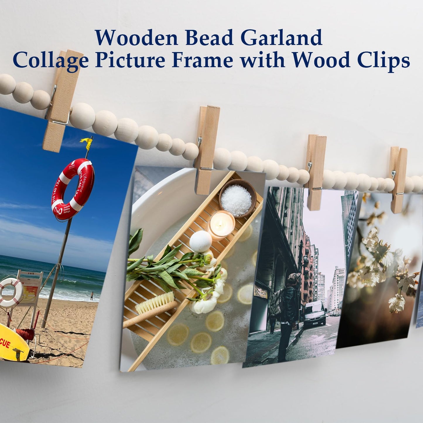 Hanging Photo Display Wall Decor with 45 Wood Clips, YuanDe 67 Inches Boho Wooden Bead Garland Collage Picture Frame Photos String DIY, Photo Hanger for Bedroom Office Dorm Room Decor Gifts(3PCS)